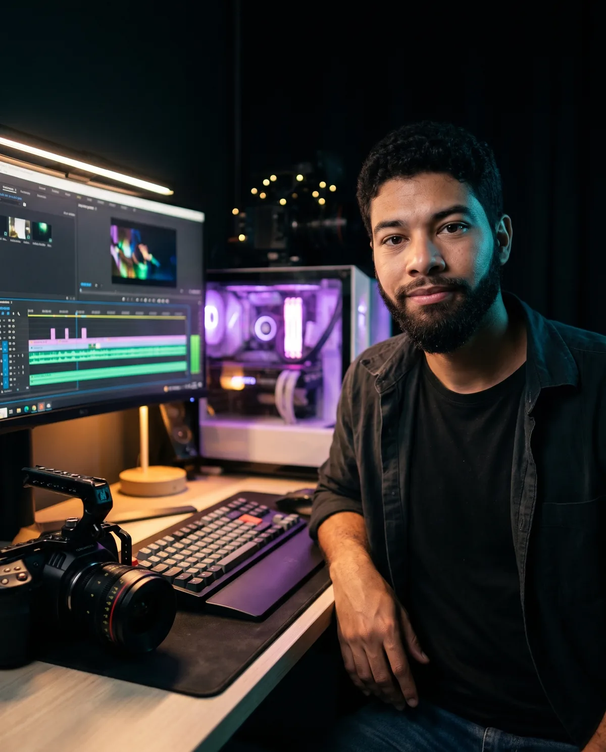 Rômulo Cerqueira na sua estação de edição, com câmera de cinema e monitor com a linha do tempo de um vídeo